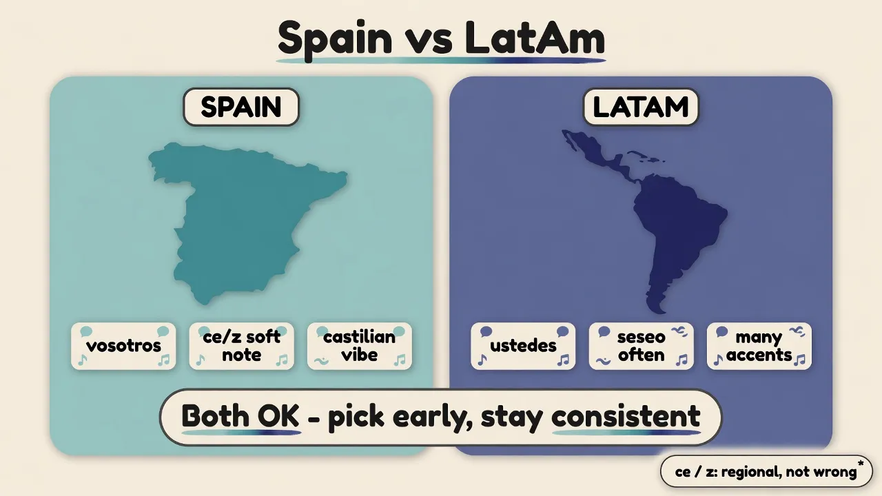 Spain vs Latin America: accent, a few words, vosotros vs ustedes - pick one reference, media from both is fine