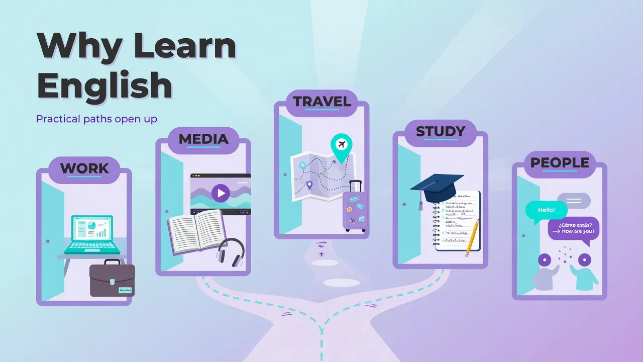 Educational cover: open paths and doors labeled work, media, travel, study, people for why learn English as a practical lever
