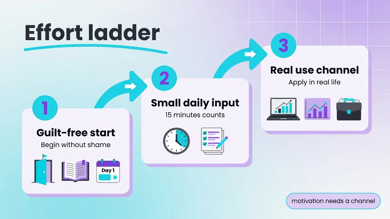 Effort ladder in three steps: guilt-free start, small daily input, real use channel with note that motivation needs a channel