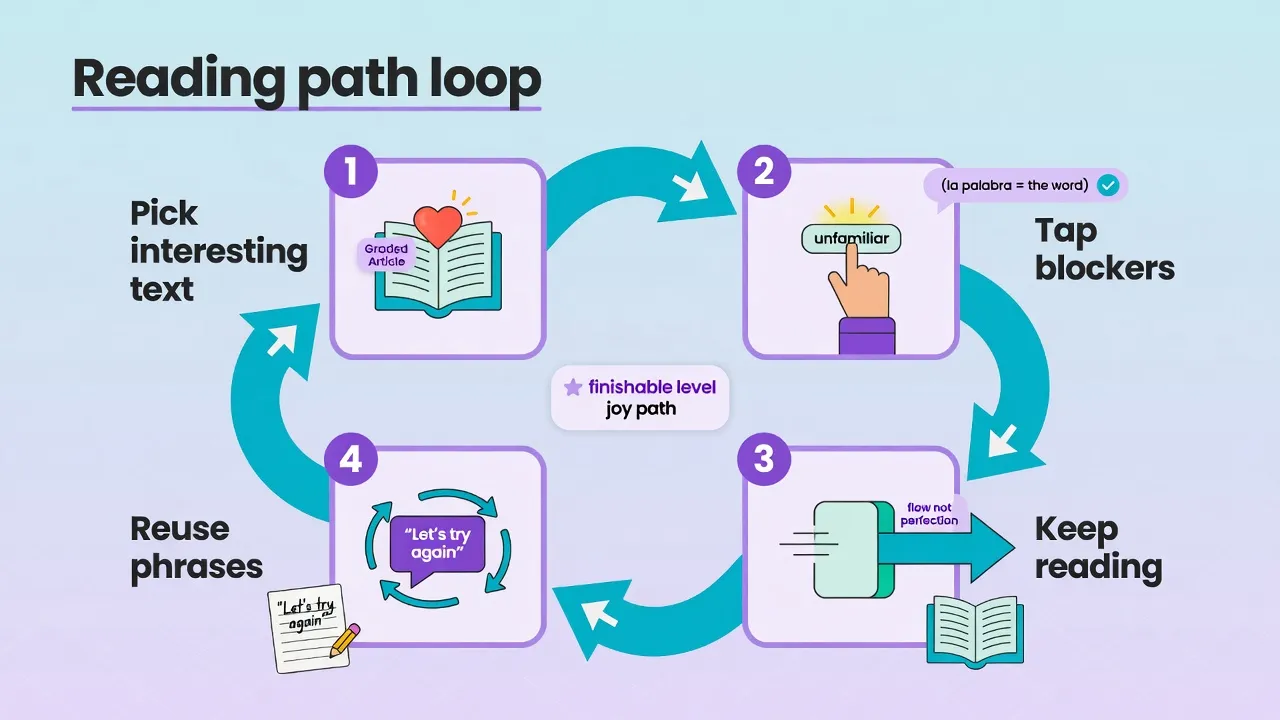 Reading path loop: pick interesting text, tap blockers, keep reading, reuse phrases around a finishable joy path center