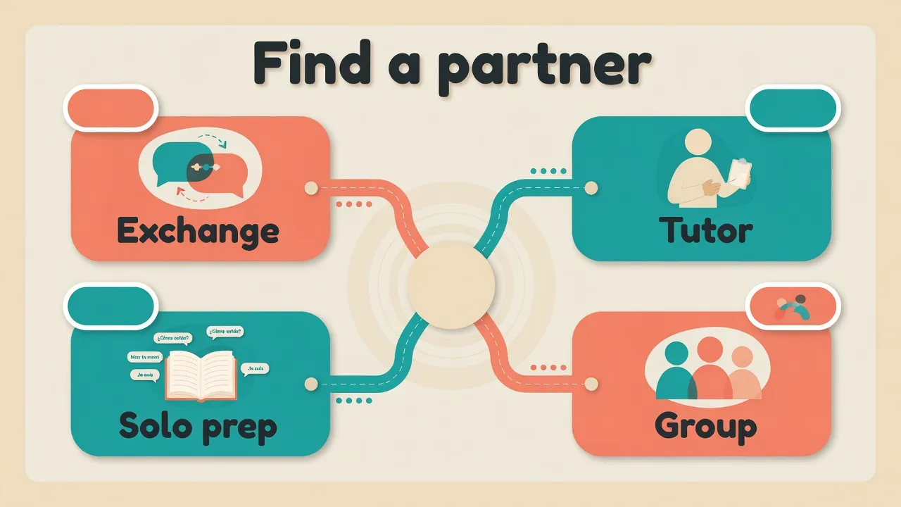 Educational cover map - four paths to find an English speaking partner - exchange, tutor, group, and solo prep - without stock video-call romance