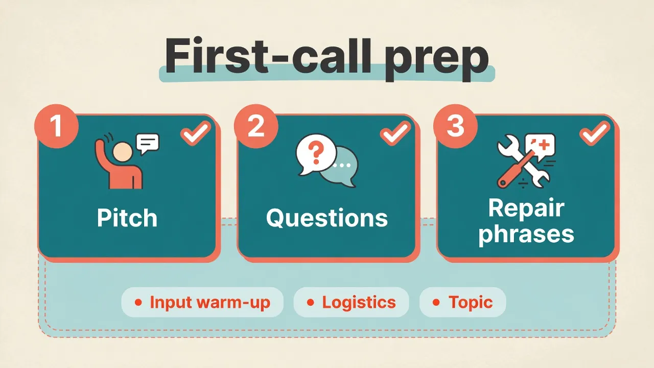 First-call prep checklist with elevator pitch, questions, and repair phrases for a language exchange