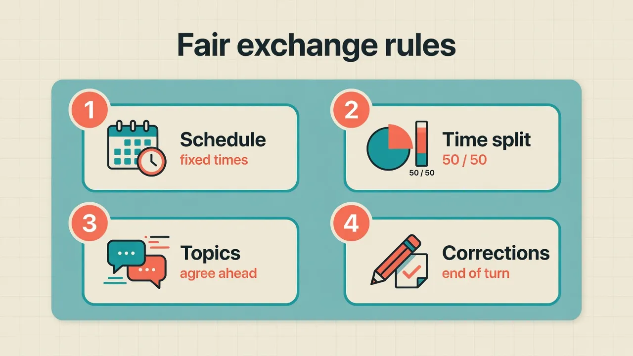 Four fair language-exchange rules: fixed schedule, 50/50 time split, agreed topics, and end-of-turn corrections