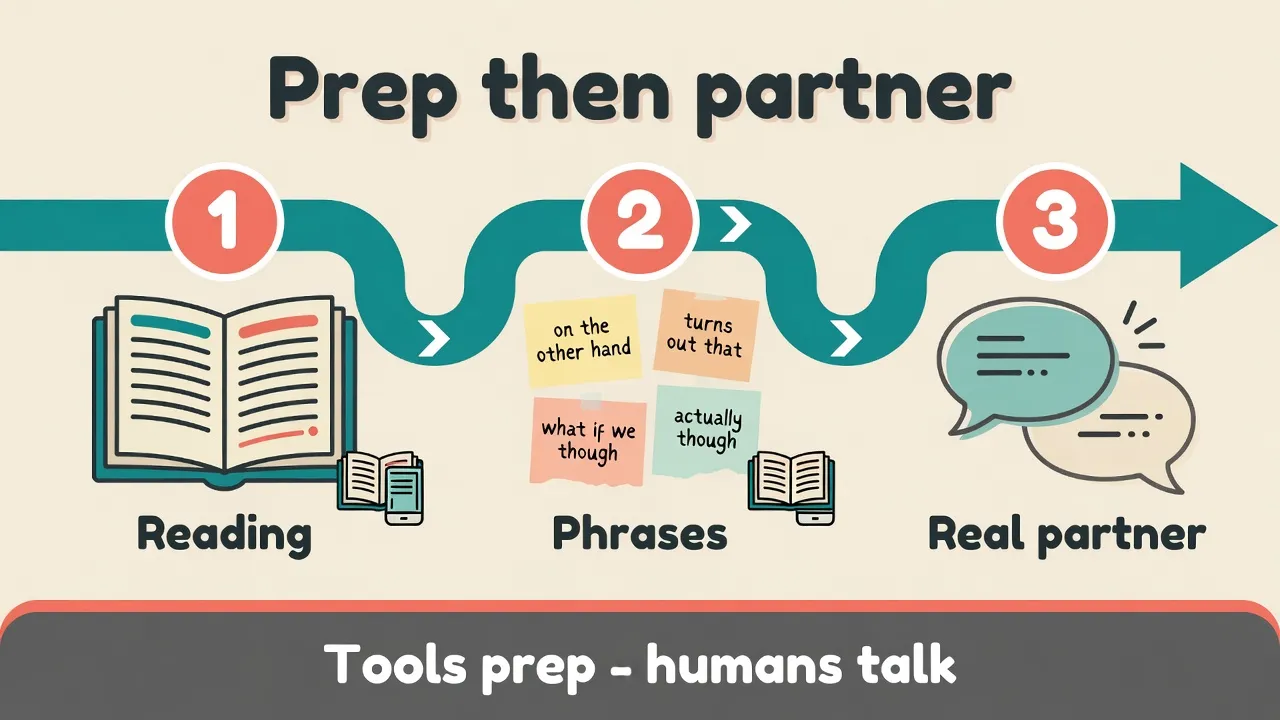 Prep loop for speaking practice: graded reading, save phrases, then practice with a real partner - tools prepare, humans converse