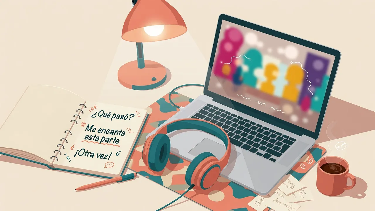 Cozy desk scene with laptop series and notebook of Spanish phrases for learning