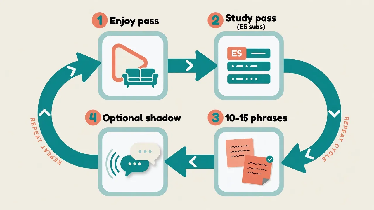 Цикл перегляду: enjoy-pass, study-pass, 10-15 фраз, короткий shadowing
