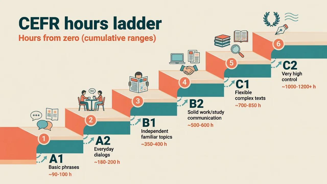 Ladder diagram of CEFR levels A1 to C2 with guided learning hour ranges