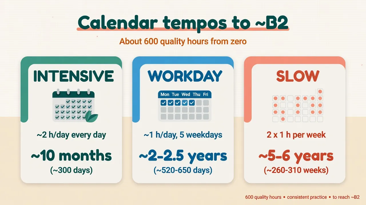 Three tempo board for hours to English B2 intensive workday and slow