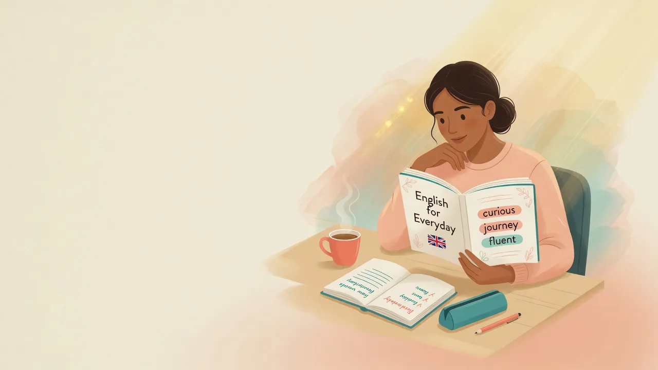 Adult learner reading English with a calm daily habit feel