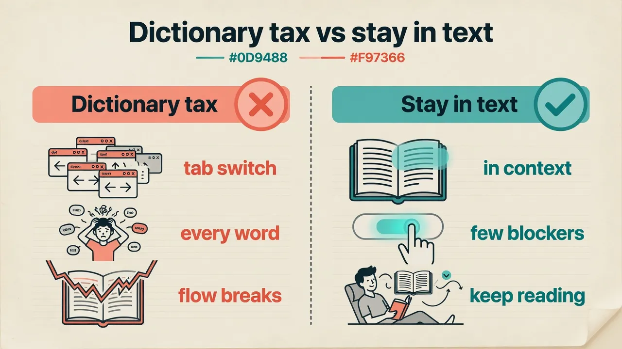 Comparison of dictionary tab-switching versus staying in the English text