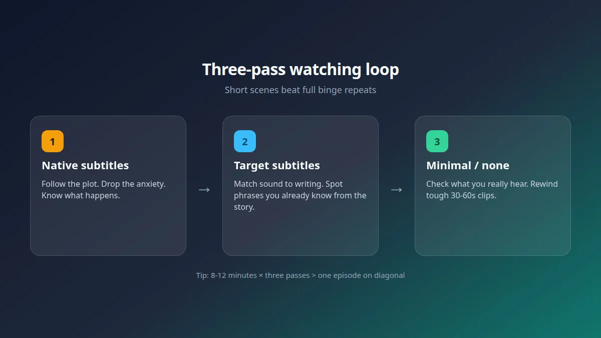 Three-pass watching loop: native subtitles, target-language subtitles, then minimal or none