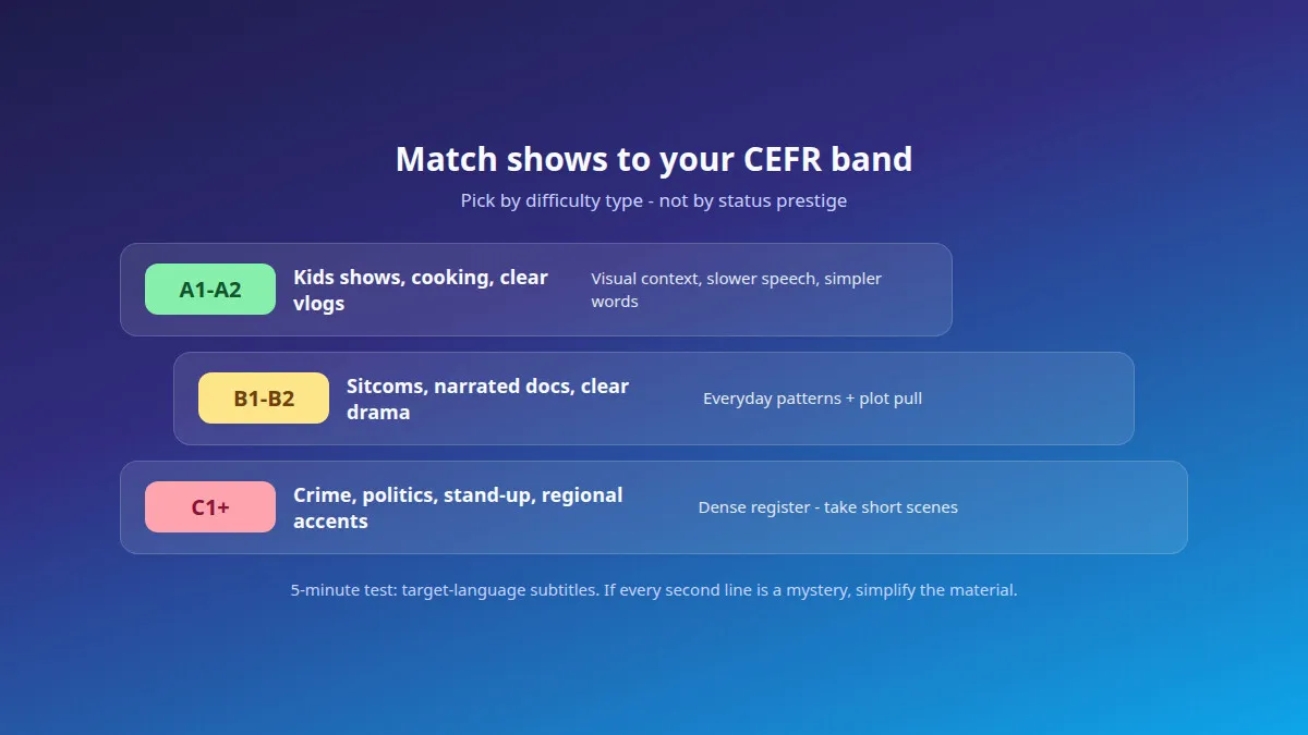 CEFR ladder for series: simple visual shows for A1-A2, sitcoms and clear drama for B1-B2, dense accents and stand-up for C1+