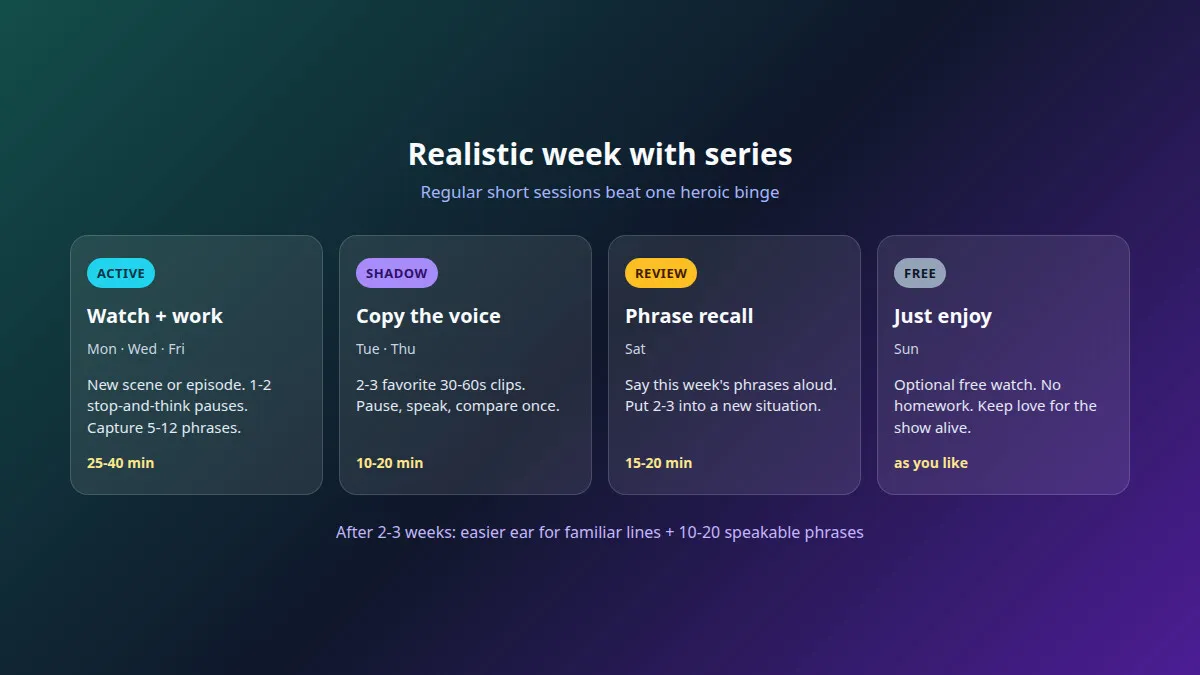 Week cycle for language learning with series: active watch days, shadowing, phrase review, free day