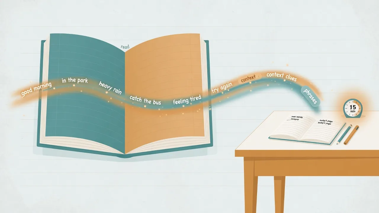Educational cover: open book with phrase trail and 15-minute desk timer for learning English by reading