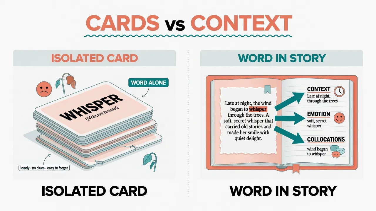 Cards vs context: isolated flashcard versus word in a story with context, emotion, collocations