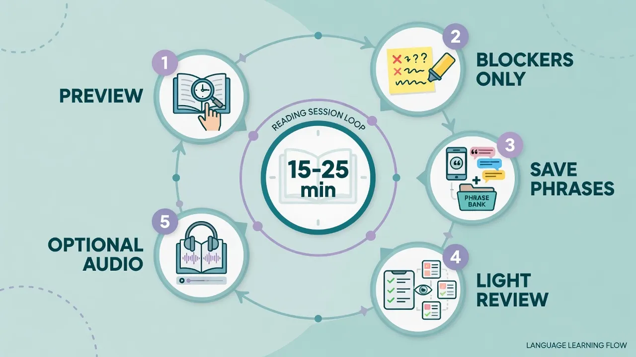 Five-step reading session loop: preview, blockers only, save phrases, light review, optional audio around 15-25 min