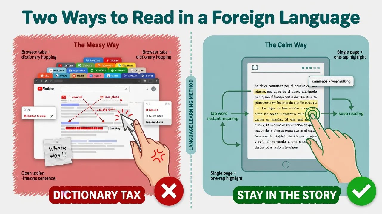 Dictionary tax vs stay in the story: messy multi-tab lookup versus calm one-tap reading