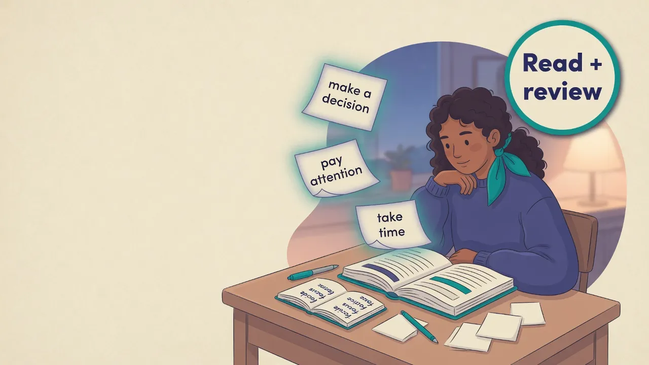Calm educational cover: a learner with an open book and sticky phrase notes, soft teal and indigo palette, vocabulary memory theme