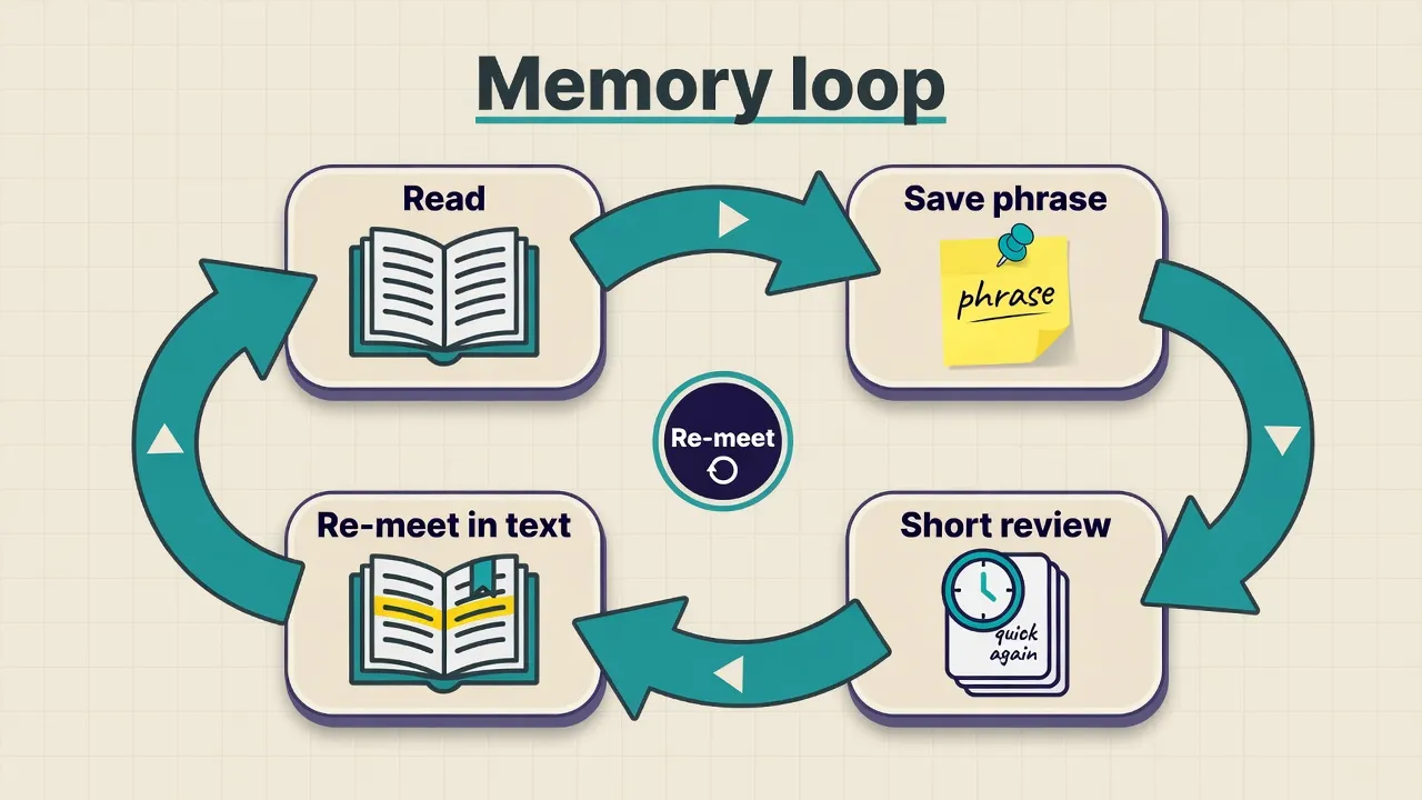 Loop diagram: Read, Save phrase, Short review, Re-meet in text connected by arrows