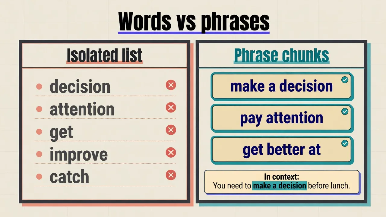 Comparison board: isolated word list on the left versus phrase chunks in a sentence on the right
