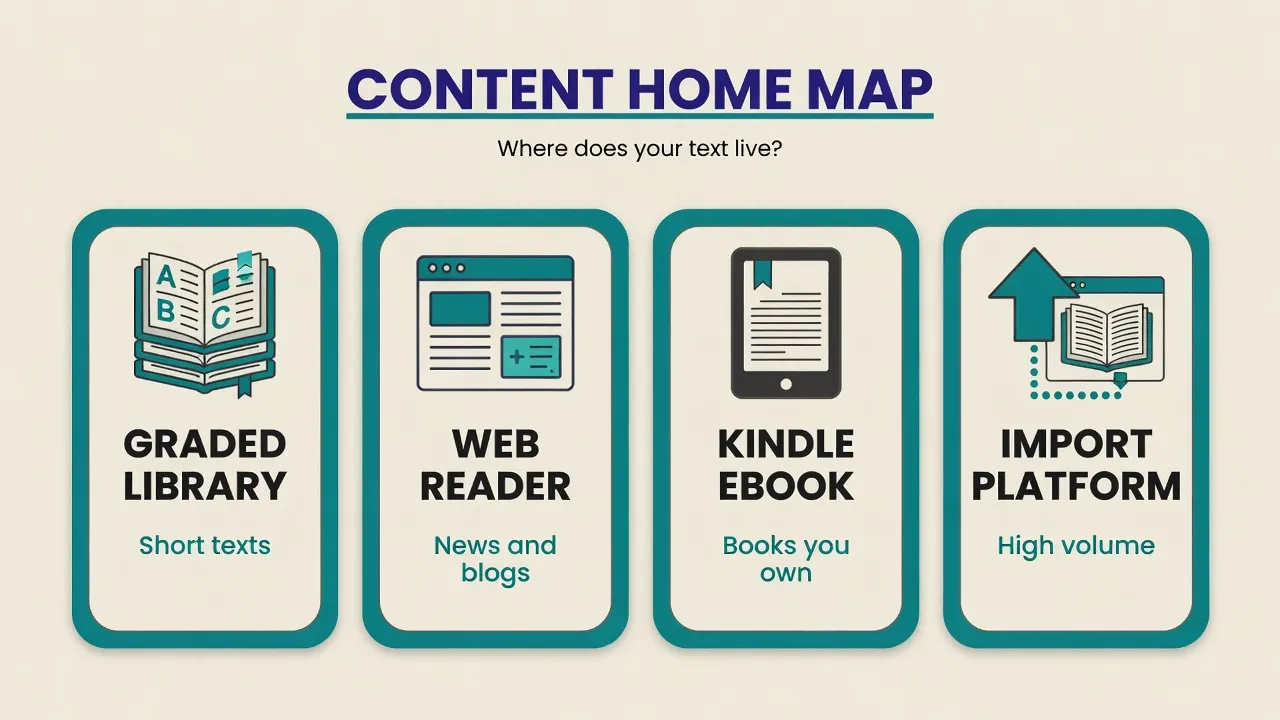 Інфографіка чотирьох шляхів читання іспанською: graded library, web reader, Kindle ebook, import platform