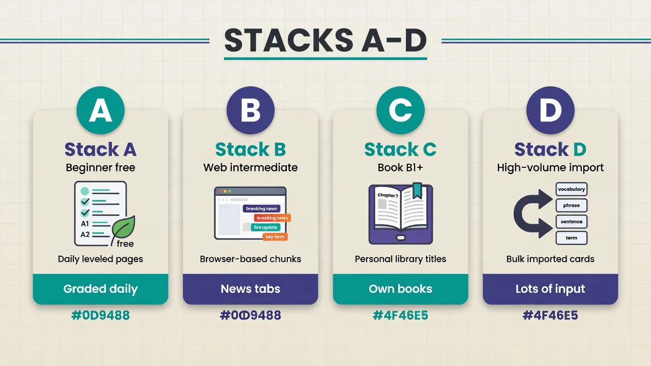 Дошка з чотирма стеками A-D для читання іспанською: beginner free, web intermediate, book B1+, high-volume import