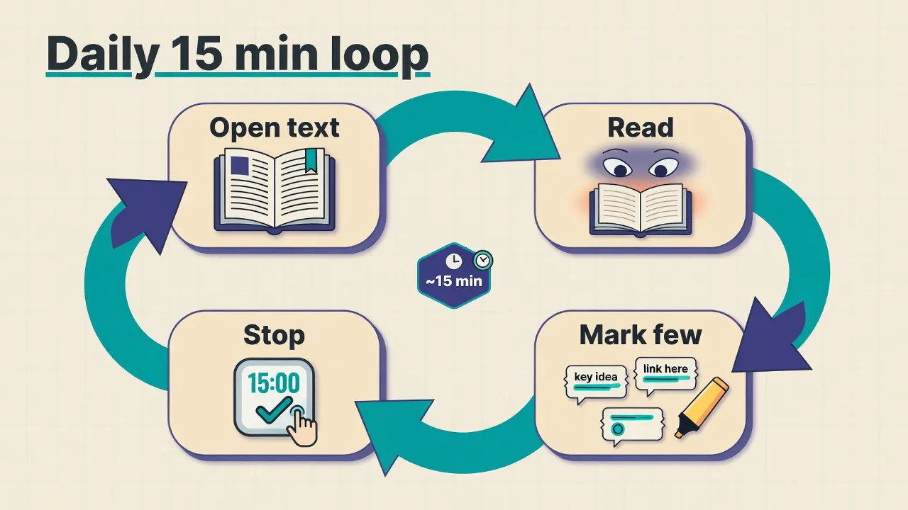 Циклічний 15-хвилинний метод читання іспанською: open text, read, mark few, stop