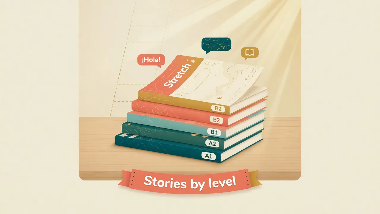 Stack of short Spanish story books labeled A1 to B2 on a desk