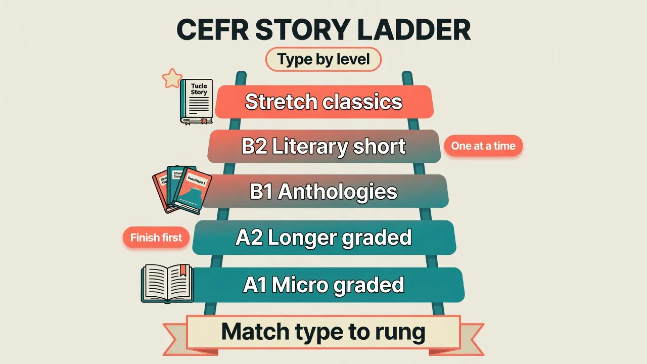 CEFR ladder for Spanish short stories from A1 micro graded to B2 literary