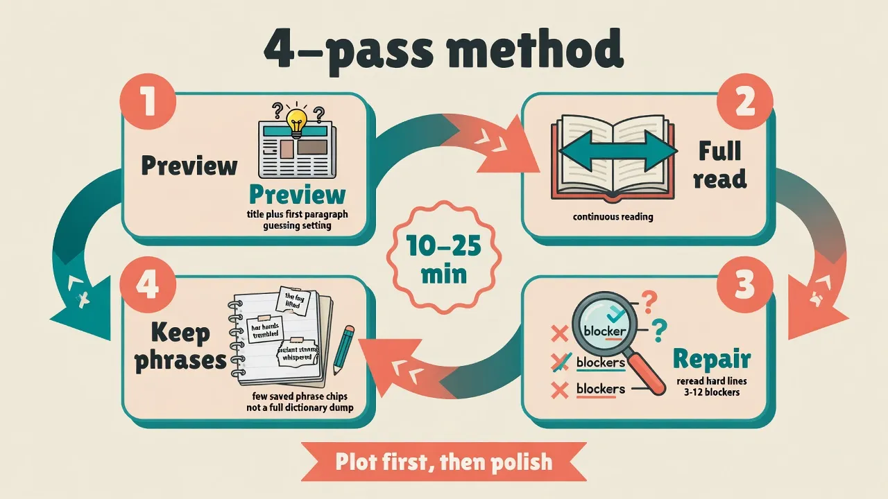 Four-pass short-story reading method: preview, full read, repair, keep phrases
