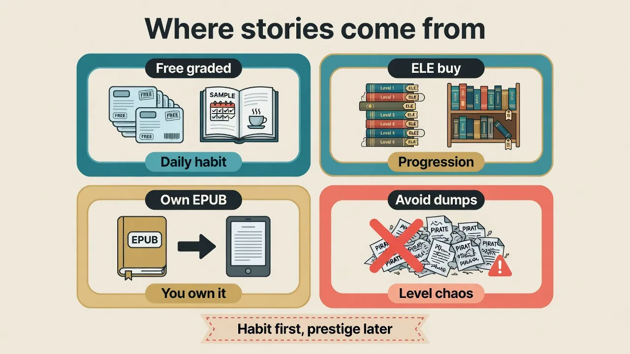 Sources board: free graded texts, ELE books, own EPUB, avoid pirate dumps