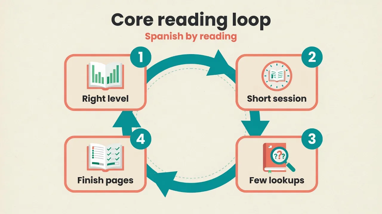 Bucle central para aprender español leyendo: dificultad, sesión y páginas terminadas
