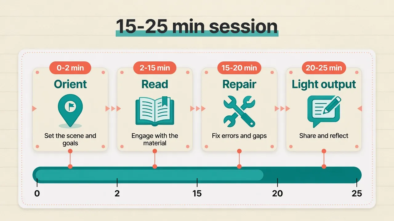 Línea de tiempo de la sesión de lectura en español de 15-25 minutos