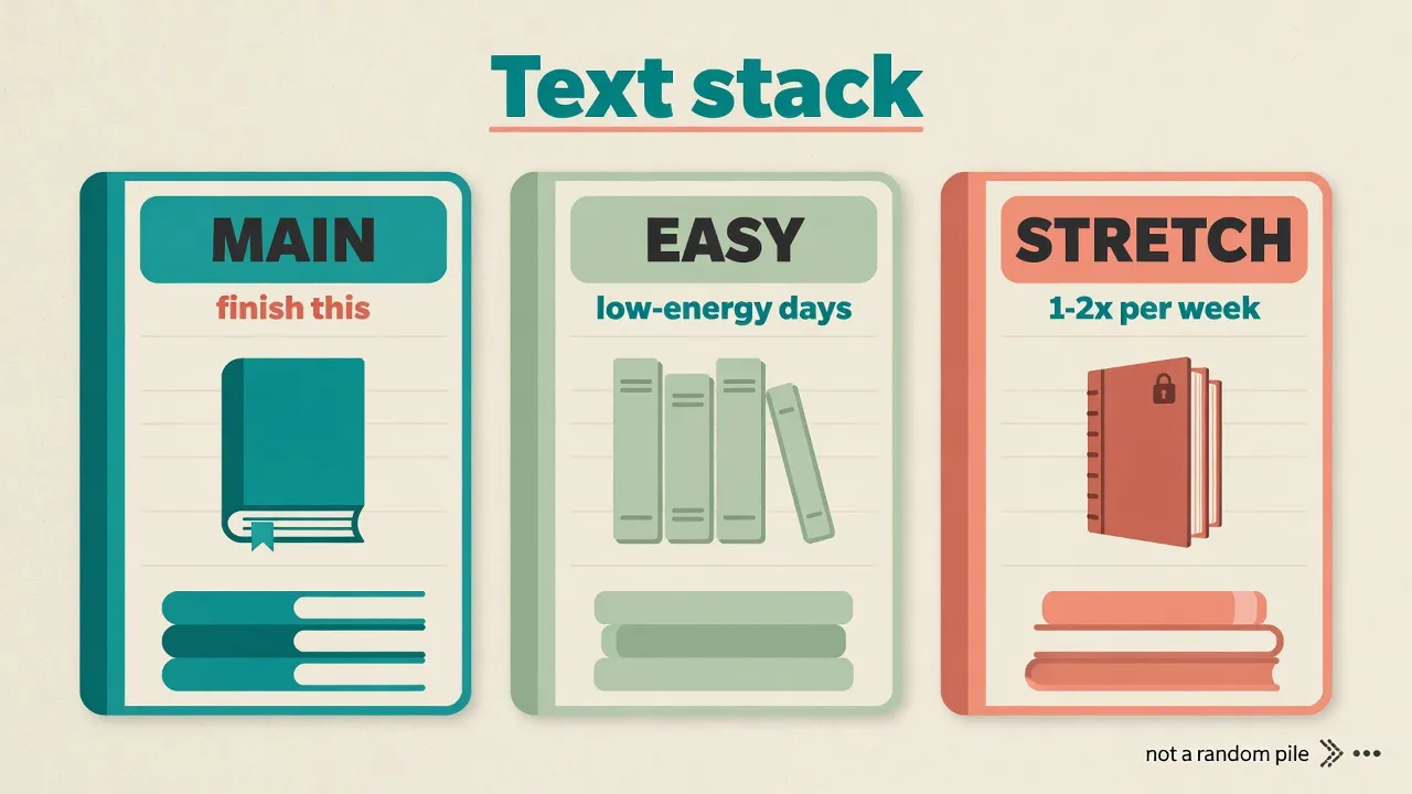 Stack de textos en tres pistas: principal, fácil y estiramiento