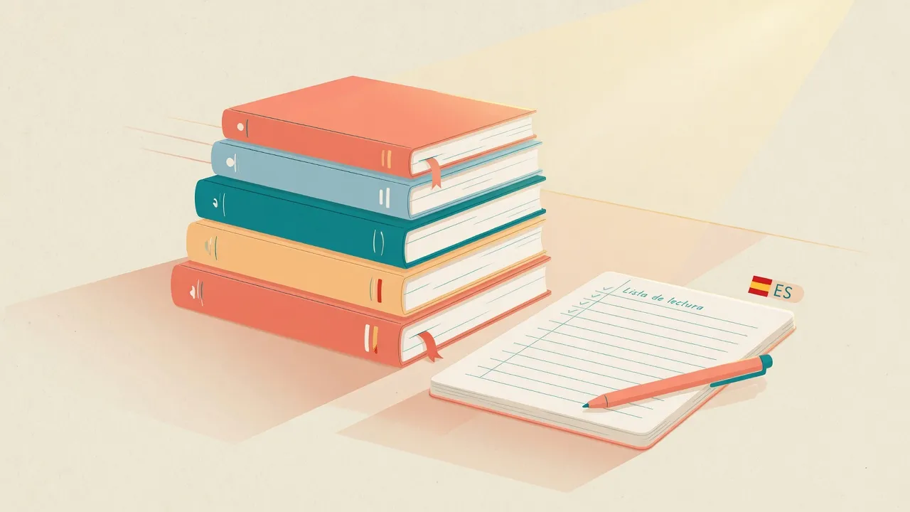 Тепла навчальна обкладинка: стос сучасних книжок і блокнот для читання іспанською на B2