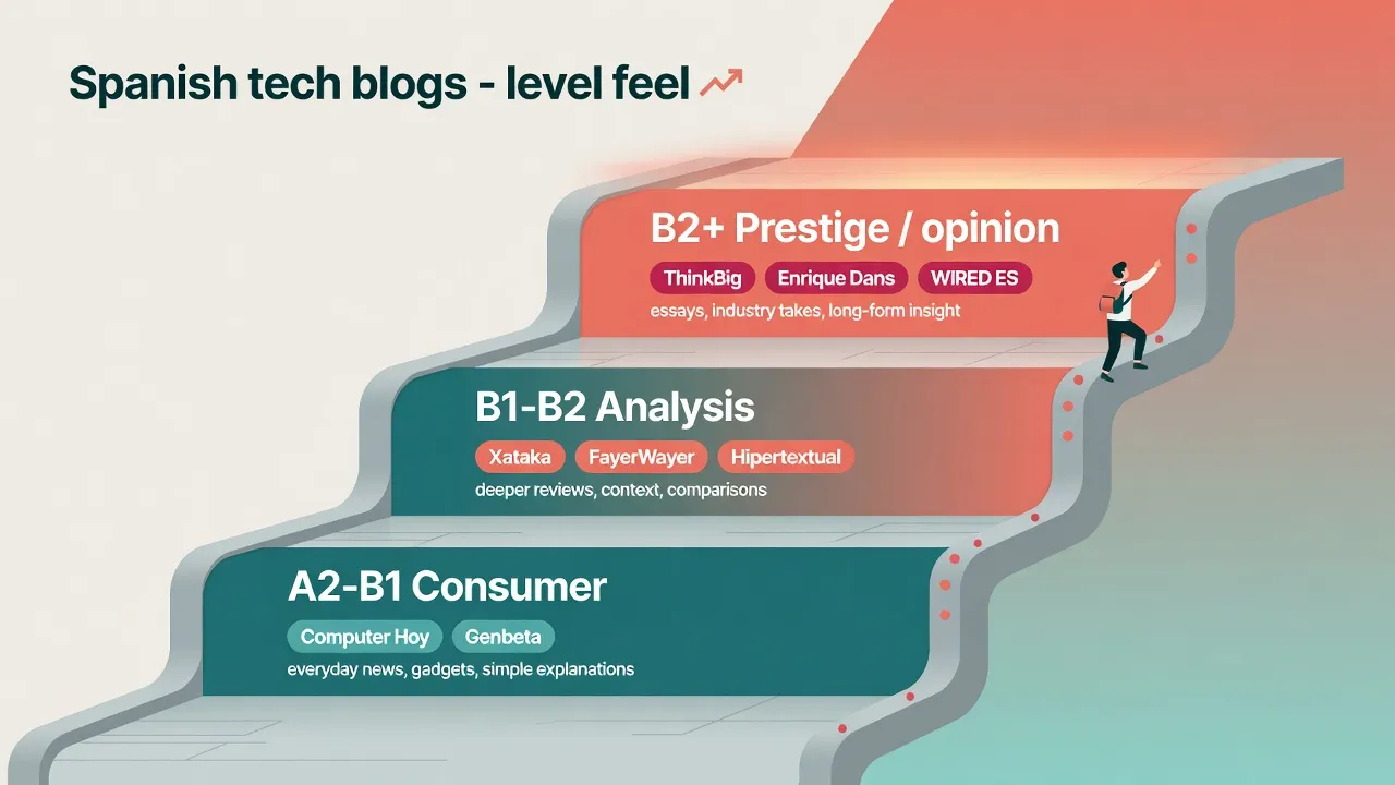 Драбина іспанських tech-блогів: consumer A2-B1 → аналіз B1-B2 → prestige B2+