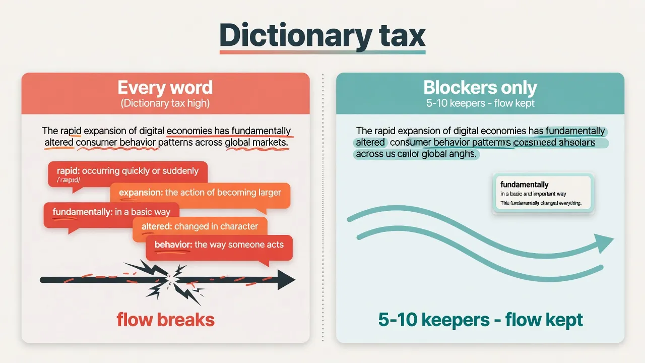 Dictionary tax: «кожне слово» vs лише blockers, щоб flow лишився