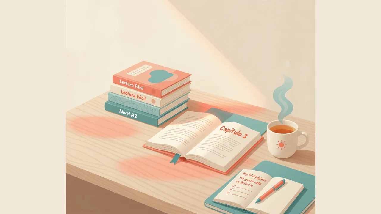 Теплі іспанські паперові книги на столі з кавою - затишне вечірнє читання для A2-B1, а не престижна полиця
