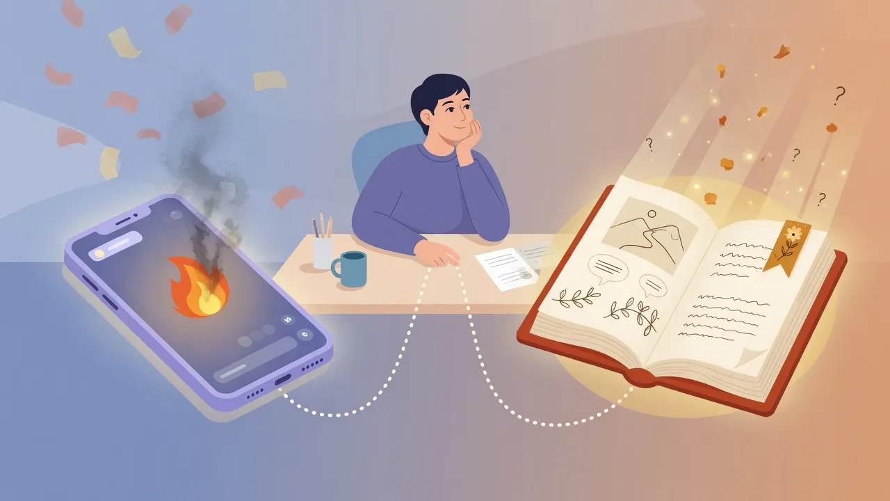 Людина за столом між згасаючим гейміфікованим додатком і теплою книжкою - зсув від мілкого дофаміну до мотивації через розуміння
