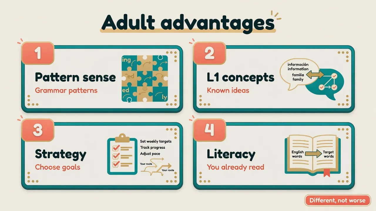 Дошка з чотирма перевагами дорослих: pattern recognition, L1 concepts, strategy, literacy