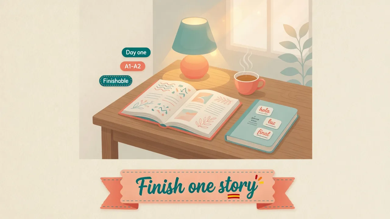 Cozy Spanish reading corner for beginners: short story open on a desk, warm light, cream teal coral palette