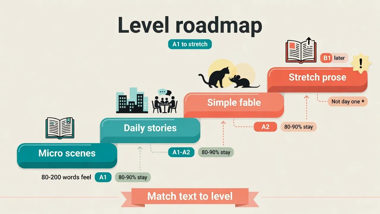 Level roadmap diagram from A1 micro-scenes to daily stories, simple fable, then B1 stretch prose