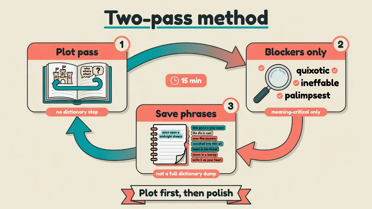 Two-pass reading loop: plot first, then blockers only, then save a few phrase chunks