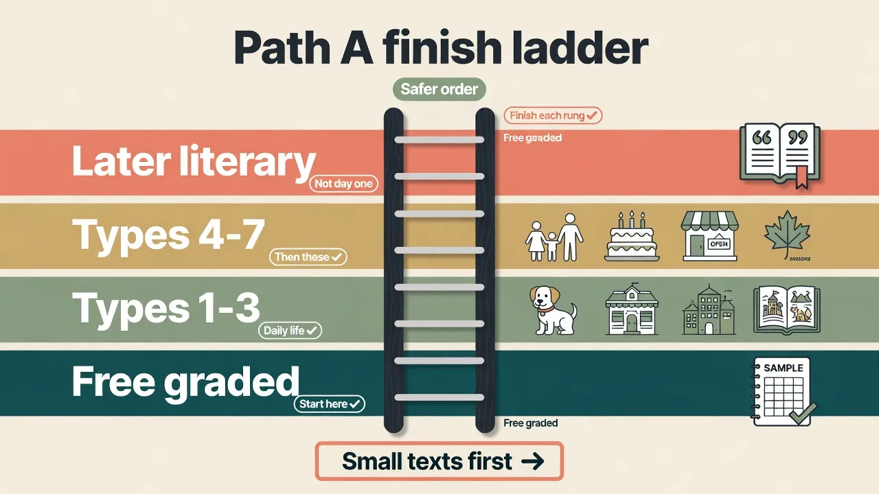 Finish ladder Path A: free graded, daily-life types, fable and party types, adapted short later