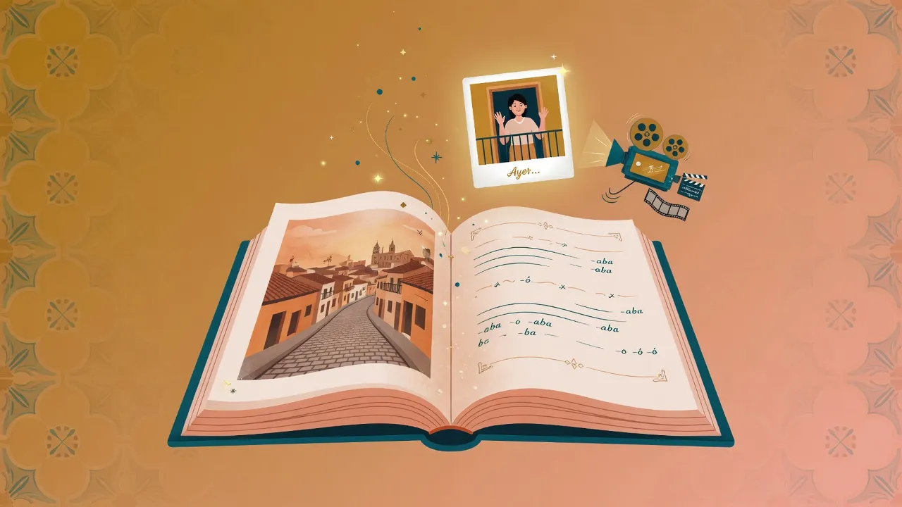 Минулі часи іспанської: preterite як фото, imperfect як кінокамера над книгою оповіді