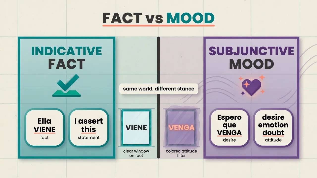 Дві панелі: Indicative як fact (Ella VIENE) проти Subjunctive як mood (Espero que VENGA), той самий світ, інша stance