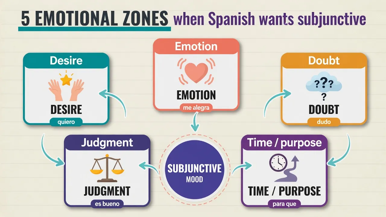 Карта п'яти емоційних зон навколо Subjunctive mood: Desire, Emotion, Doubt, Time/purpose, Judgment