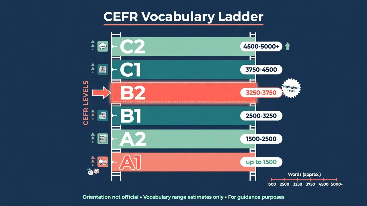 Драбина CEFR A1-C2 з м'якими діапазонами частих лем (орієнтир, не офіційна квота)