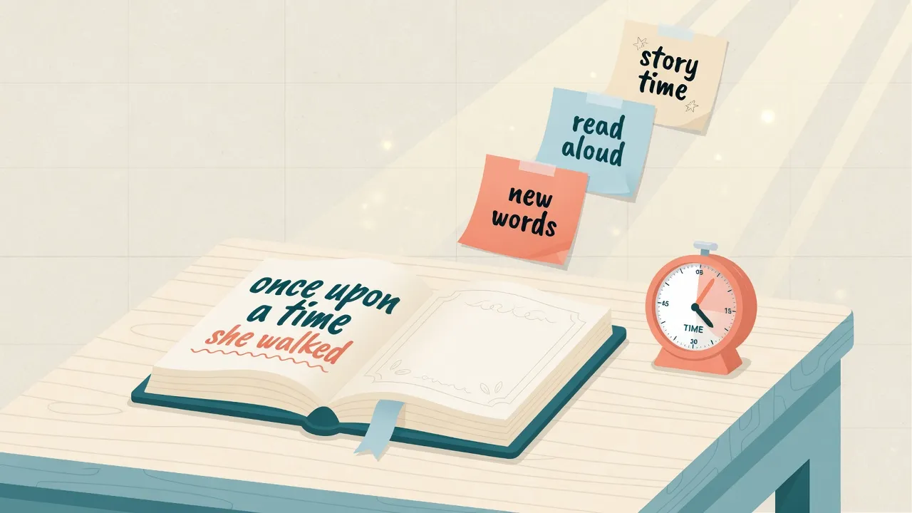 Portada: libro abierto en inglés, temporizador de 15 minutos y rastro de frases para aprender leyendo
