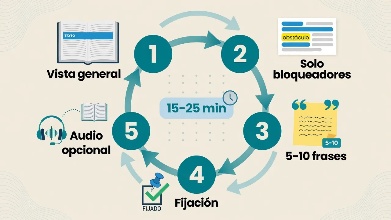 Diagrama: a la izquierda listas de flashcards sueltas, a la derecha la misma palabra en un párrafo con conexiones de contexto